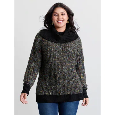 Bloomchic Women's Plus Size High Turtleneck Grainy Yarn Contrast Pullover Black Long Sleeve 10/m