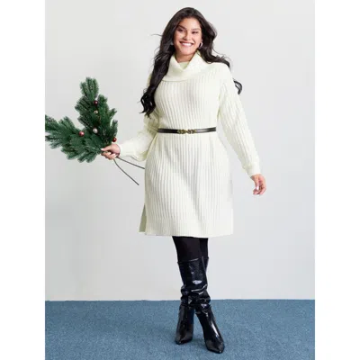 Bloomchic Women's Plus Size High Turtleneck Textured Sweater Dress Ivory Solid Midi Cable Knit 12/l In White
