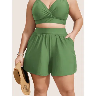 Bloomchic Women's Plus Size High Waisted Pockets Solid Pleated Swim Shorts Emerald Solid Cropped Ruched Elasti In Green