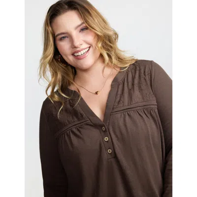 Bloomchic Women's Plus Size High-low Hem Pleated Knit Top Darkbrown Extra Long Sleeve Casual 10/m In Brown