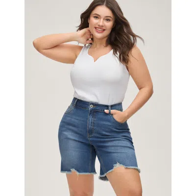 Bloomchic Women's Plus Size High-rise Ripped Hem Straight-leg Denim Shorts Bluevintage Non High Rise Medium St