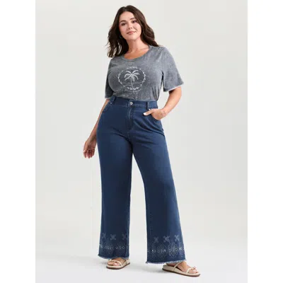 Bloomchic Women's Plus Size High-rise Stretchy Embroidered Hem Jeans Denimindigo Wide Leg High Stretch 12/l