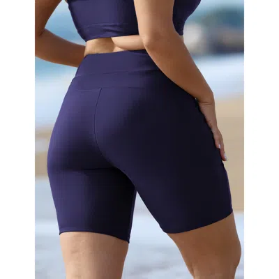 Bloomchic Women's Plus Size High-waist Pocket Swim Bottoms Indigo Solid Short Non Elastic Waist 10/m In Purple