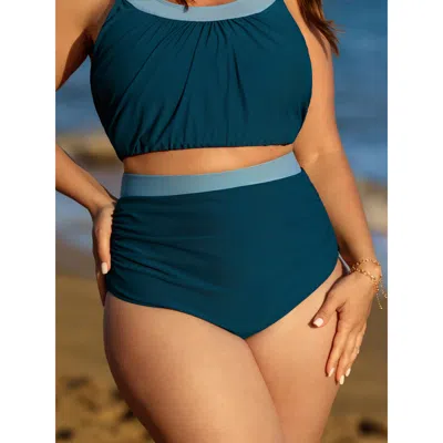 Bloomchic Women's Plus Size High-waisted Color Contrast Swim Bottoms Aegean Color Block Booty Colorblock Elast In Blue
