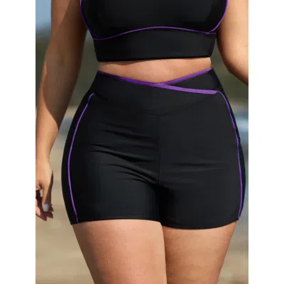 Bloomchic Women's Plus Size High-waisted Pockets Color Contrast Swim Shorts Black Non Short Colorblock Fully E