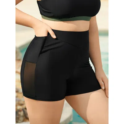 Bloomchic Women's Plus Size High-waisted Ruched Pocket Swim Bottoms Black Non Short Gathered Fully Elasticated