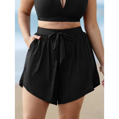 Bloomchic Women's Plus Size High-waisted Tie Pocket Swim Shorts Black Solid Short Lace-up Belted Waist 10/m