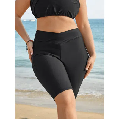 Bloomchic Women's Plus Size Hips Contour Curvy Pockets Swim Bottoms Black Non Short Fully Elasticated Waist 28