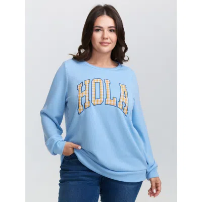 Bloomchic Women's Plus Size Hola Applique Embroidery Color Contrast Sweatshirt Skyblue Casual 10/m In Blue