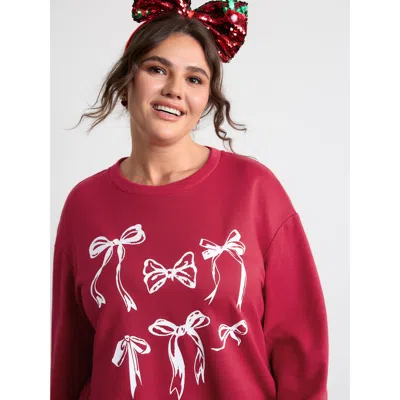 Bloomchic Women's Plus Size Holiday Bowknot Round Neck Sweatshirt Brightred Casual 22-24/3x