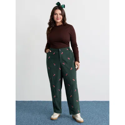 Bloomchic Women's Plus Size Holiday Candy Embroidery Pants Darkgreen Non Straight Fit Mid Rise Casual 10/m In Green