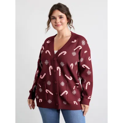 Bloomchic Women's Plus Size Holiday Candy Patch Pockets Knit Cardigan Burgundy Long Sleeve V-neck 10/m