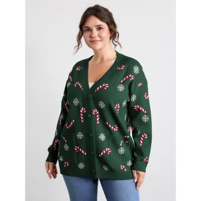 Bloomchic Women's Plus Size Holiday Candy Patch Pockets Knit Cardigan Darkgreen Long Sleeve V-neck 18-20/2x In Green