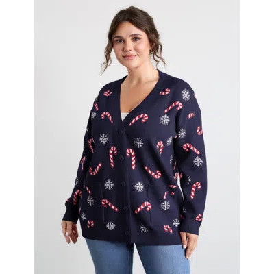 Bloomchic Women's Plus Size Holiday Candy Patch Pockets Knit Cardigan Indigo Long Sleeve V-neck 10/m In Purple