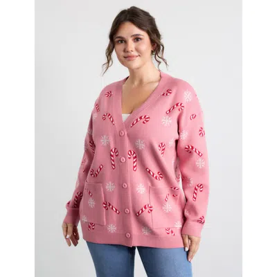 Bloomchic Women's Plus Size Holiday Candy Patch Pockets Knit Cardigan Watermelon Long Sleeve V-neck 12/l In Green