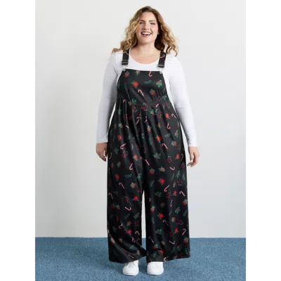 Bloomchic Women's Plus Size Holiday Candy Stretchy Overall Jumpsuit Black Casual Fitted 10/m
