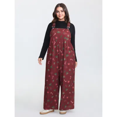 Bloomchic Women's Plus Size Holiday Candy Stretchy Overall Jumpsuit Burgundy Casual Fitted 10/m