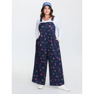 Bloomchic Women's Plus Size Holiday Candy Stretchy Overall Jumpsuit Darkblue Casual Fitted 10/m In Blue