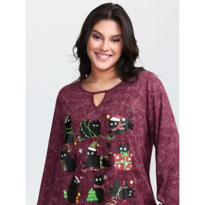 Bloomchic Women's Plus Size Holiday Cat Snowflake Effect T-shirt Burgundy Christmas Casual Long Sleeve Round N