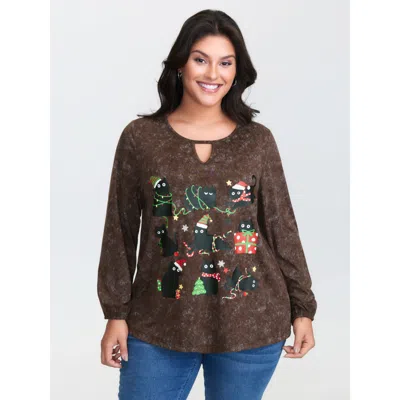 Bloomchic Women's Plus Size Holiday Cat Snowflake Effect T-shirt Darkbrown Christmas Casual Long Sleeve Round  In Brown