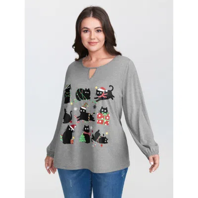 Bloomchic Women's Plus Size Holiday Cat Snowflake Effect T-shirt Lightgray Christmas Casual Long Sleeve Round  In Gray