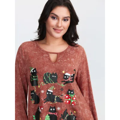 Bloomchic Women's Plus Size Holiday Cat Snowflake Effect T-shirt Rust Christmas Casual Long Sleeve Round Neck  In Brown