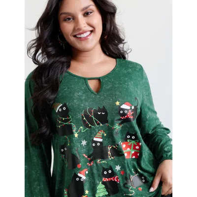 Bloomchic Women's Plus Size Holiday Cat Snowflake Effect T-shirt Truegreen Christmas Casual Long Sleeve Round 