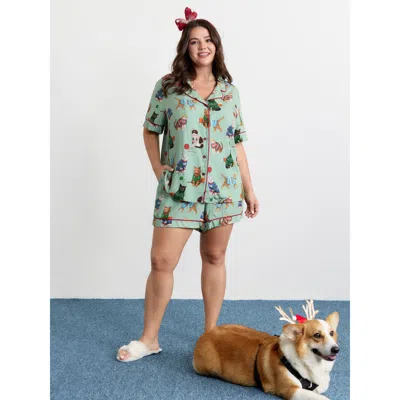 Bloomchic Women's Plus Size Holiday Cats Print Color Contrast Pajama Set Multicolor Christmas 10/m