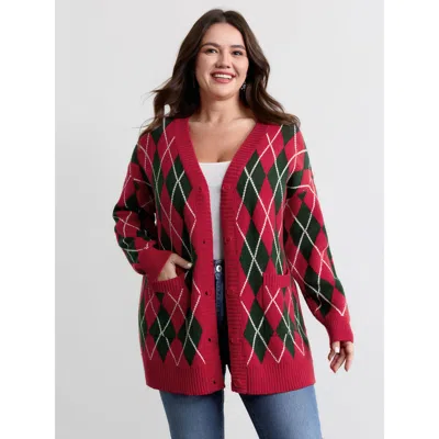 Bloomchic Women's Plus Size Holiday Checkered Jacquard Knit Cardigan Crimson Long Sleeve V-neck 10/m In Red
