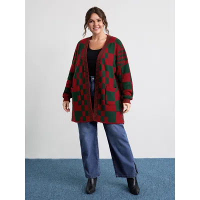 Bloomchic Women's Plus Size Holiday Checkered Open-front Knit Cardigan Brightred Long Sleeve 18-20/2x