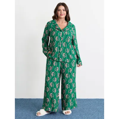 Bloomchic Women's Plus Size Holiday Cheer Print Pockets Two-piece Lounge Set Emerald Christmas Long Sleeve Non In Green