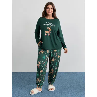 Bloomchic Women's Plus Size Holiday Cozy Print Pockets Loungewear Set Darkgreen Christmas Long Sleeve Smocked  In Green