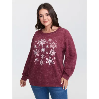 Bloomchic Women's Plus Size Holiday Cozy Print Sweatshirt Burgundy Hand-drawn Illustration Casual Round Neck 2