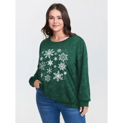 Bloomchic Women's Plus Size Holiday Cozy Print Sweatshirt Darkgreen Hand-drawn Illustration Casual Round Neck  In Green