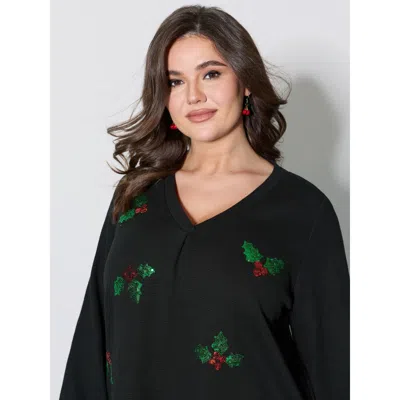 Bloomchic Women's Plus Size Holiday Elements Sequin Embroidery Textured Sweatshirt Black Not Graphics Party V-