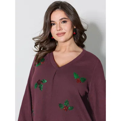 Bloomchic Women's Plus Size Holiday Elements Sequin Embroidery Textured Sweatshirt Burgundy Not Graphics Party