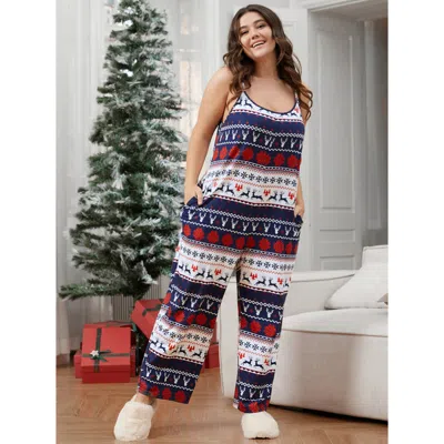Bloomchic Women's Plus Size Holiday Elk Print Pocket Lounge Jumpsuit Navy Graphic-christmas 14-16/1x In Blue