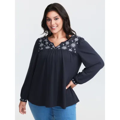 Bloomchic Women's Plus Size Holiday Embroidered Neckline Pleated Knit Top Darkblue Long Sleeve Casual V-notch  In Blue