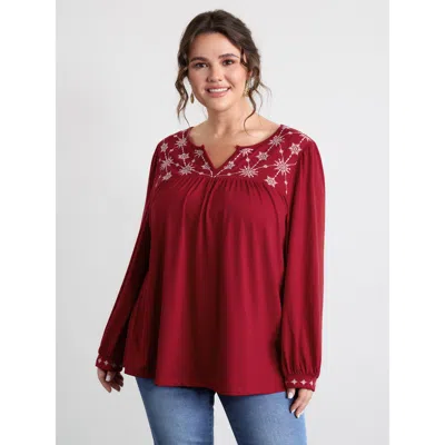 Bloomchic Women's Plus Size Holiday Embroidered Neckline Pleated Knit Top Scarlet Long Sleeve Casual V-notch N In Red