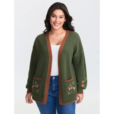Bloomchic Women's Plus Size Holiday Fox Jacquard Pattern Knit Cardigan Moss Long Sleeve V-neck 22-24/3x In Green