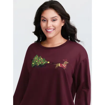 Bloomchic Women's Plus Size Holiday Gifts Embroidered Heather Sweatshirt Plum Animals Casual Round Neck 18-20/ In Purple