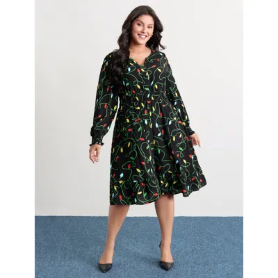 Bloomchic Women's Plus Size Holiday Lights Triple Elastic Waistband Midi Dress Black Geometric Midi Elegant No