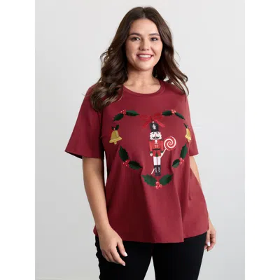 Bloomchic Women's Plus Size Holiday Nutcracker Round Neck T-shirt Burgundy Non Casual Short Sleeve 12/l