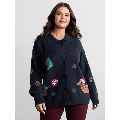 Bloomchic Women's Plus Size Holiday Pattern Collar Button Knit Cardigan Indigo Long Sleeve 10/m In Purple