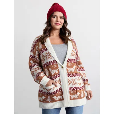 Bloomchic Women's Plus Size Holiday Pattern Jacquard Shawl Collar Cardigan Bronze Long Sleeve 22-24/3x In Brown