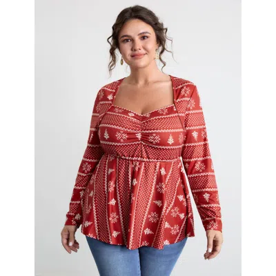 Bloomchic Women's Plus Size Holiday Pattern Sweetheart Neck Knit Top Burgundy Long Sleeve Elegant 18-20/2x