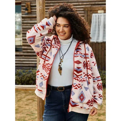 Bloomchic Women's Plus Size Holiday Pattern Zipper Contrast Jacket Ivory Colorblock H-line 14-16/1x In White