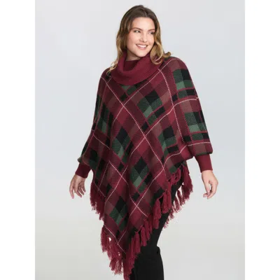 Bloomchic Women's Plus Size Holiday Plaid Turtleneck Fringe Hem Pullover Scarlet Not Graphics Long Sleeve Funn In Red