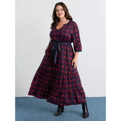 Bloomchic Women's Plus Size Holiday Plaid Waist-tie Maxi Dress Multicolor Plaid Maxi Casual 12/l