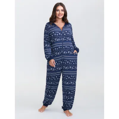 Bloomchic Women's Plus Size Holiday Print Hooded Pockets Lounge Jumpsuit Darkblue Fruit Maxi 22-24/3x In Blue